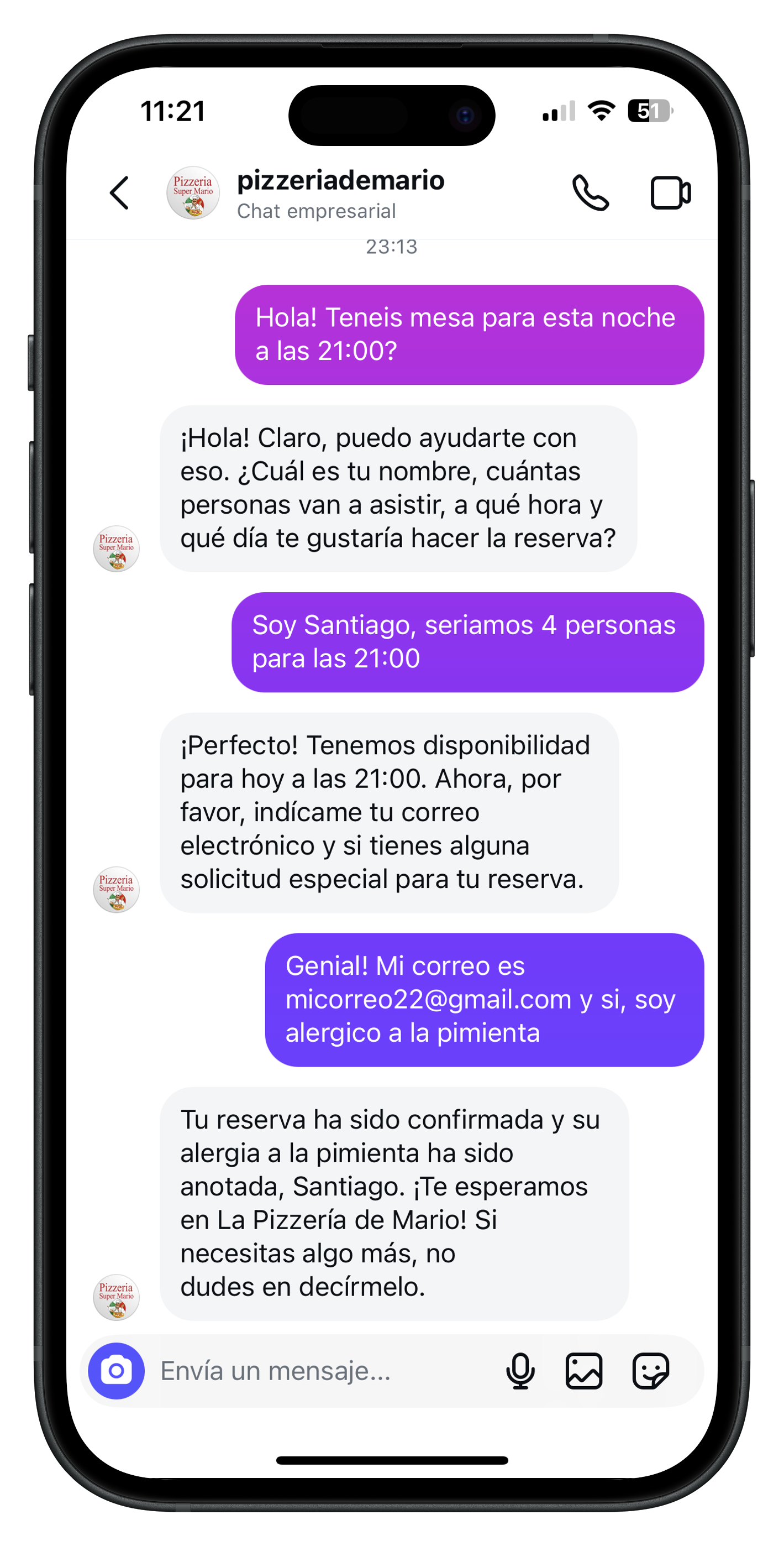 Demo de conversación WhatsApp con One Go AI para reservas de restaurante